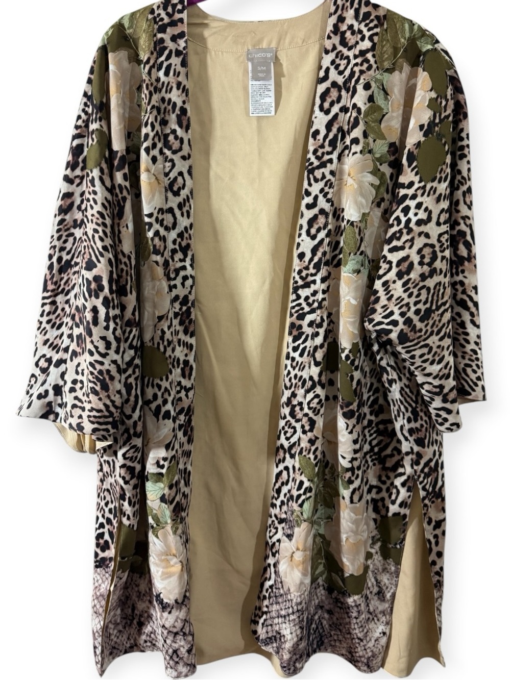 Chico's Leopard & Floral Open Kimono - Beige & Olive